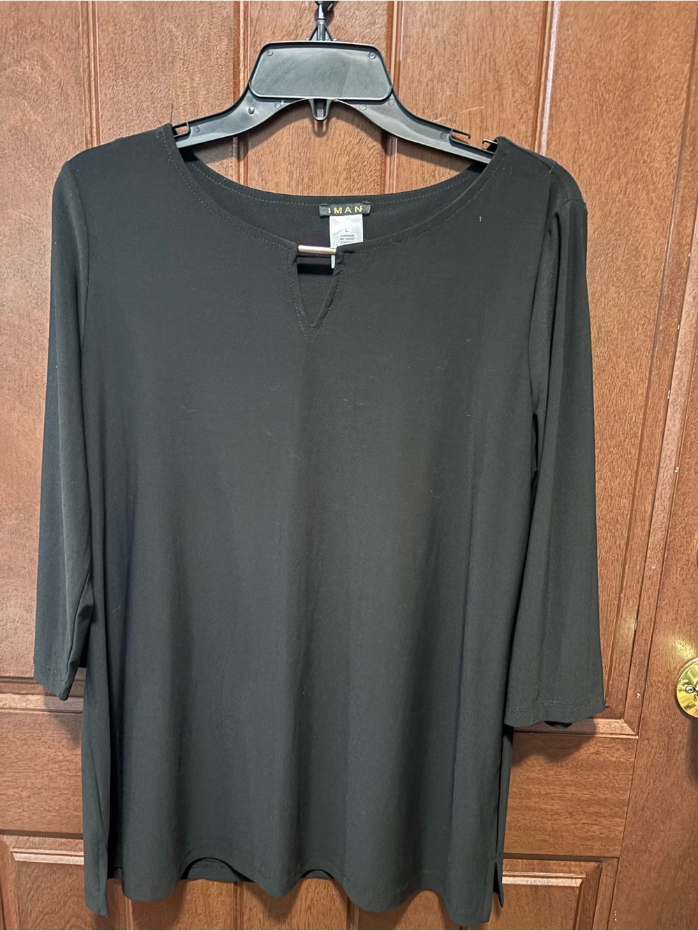 IMAN Black Long Sleeve Keyhole Top with Scoop Neck